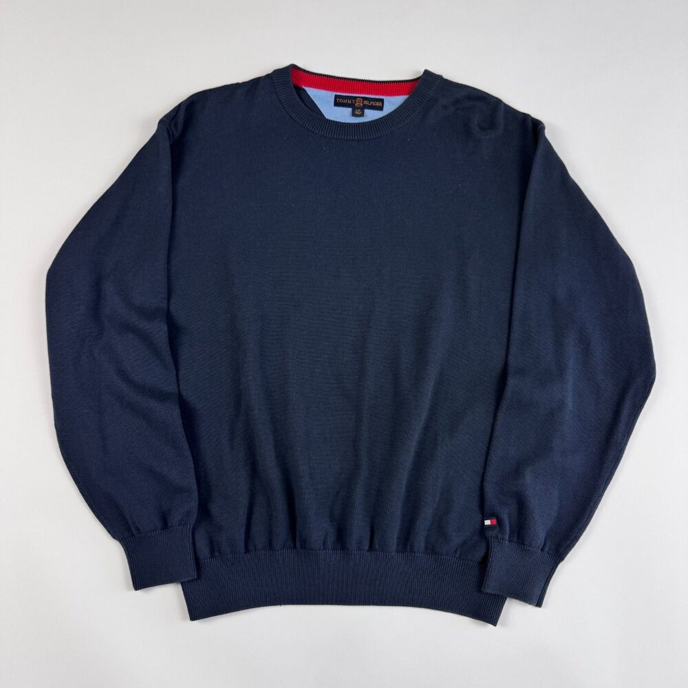 Tommy Hilfiger Golf Mens L Sweater Navy Blue Crewneck Red Trim Cotton Large